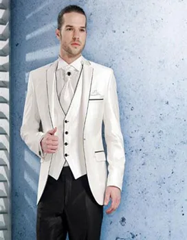2018 Ново пристигане пролет тънък годни бял младоженец смокинги изрязани ревера мъжка сватбена рокля абитуриентски празничен костюм (яке + панталони + вратовръзка + жилетка)