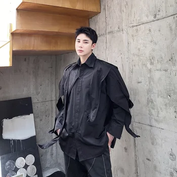 2022 Есен корейски стил уникален панделка дизайн ризи мъже случайни хлабав черна панделка ризи размер M-XL