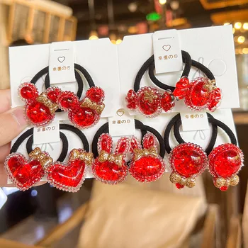 2PCS комплект корейски червен кристал лък сърце заек близалка малка еластична лента за коса за момиче деца сладък Kawaii фея гумени връзки въже