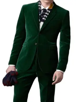 2Pcs тъмно зелен човек блейзър панталони кадифен мъже костюми тънък годни костюм сватба младоженец смокинги абитуриентски мъжки костюми яке + панталони + вратовръзка