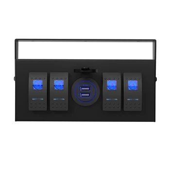 4 Gang Rocker Превключване Switch Box 4-начин USB бързо зарядно Blue Light Switch Dual USB 4.8A 12 / 24V Universal за кола RV камион яхта