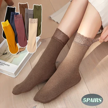 5Pairs Зимни нови сгъстени меки кадифе дълги тръбни чорапи твърди дантели подстригване топло подплатени Sokken дами комфорт високи еластични чорапи