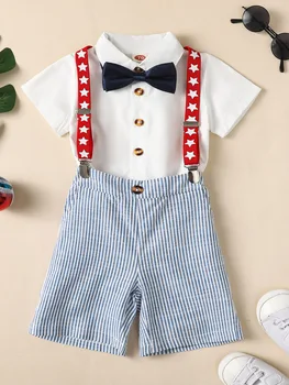 Baby Boys 2Pcs джентълменски костюми къс ръкав бутон надолу папийонка риза Топ Suspender шорти летни дрехи комплект за RUIBBWAN
