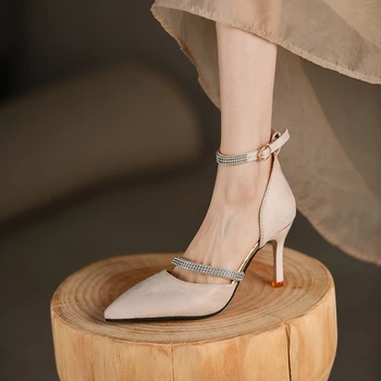 BCEBYL нов заострен пръст шило плътен цвят кристал декорирани модни дамски обувки секси елегантен банкет парти високи токчета