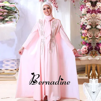 Bernadine стилни мюсюлмански вечерни рокли A-Line пълни ръкави O-образно деколте апликации колан халати де соаре етаж дължина по поръчка