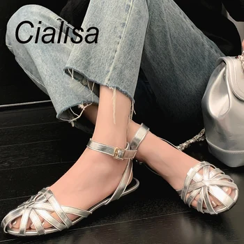 Cialisa Ежедневни сандали в стил Рим Сребърни летни дамски обувки 2023 Естествена кожа ръчно изработени катарама каишка апартаменти Сандал за дама 41