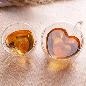 Creative сърцевидна стъклена чаша двуслойна изолация Устойчива на висока температура чаша за пиене Чаша за чай с висока боросиликатна чаша