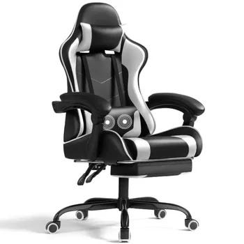 Lacoo PU кожен игрален стол масаж ергономичен геймър стол регулируем по височина компютърен стол с поставка за крака & лумбална опора