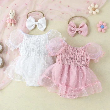Summer Mesh Sheer Baby Girls Bodysuits Dress with Bow Headband Princess Short Puff Sleeve Off Shoulder Tulle Kids Romper Clothes