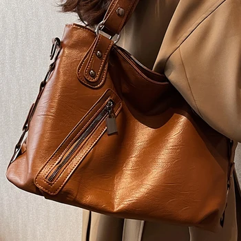 Дамска чанта за рамо за кафе меко масло восък кожа широка каишка дами Crossbody чанти цип декорация женски купувач Hobos чанта