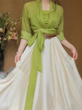 Дамски летен есенен нов костюм зелен прозрачен жилетка зелено и бяло приплъзване рокля две части комплект женски елегантни комплекти 2023 ново