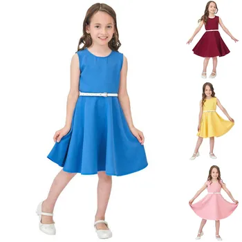 Елегантна детска рокля Детска момичета парти рокля рокля Малко дете Бебе лято плътен цвят волан без ръкави колан рокля нова люлка