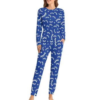 Карикатура мигли пижами синьо и бяло модерен пижама комплект дама дълъг ръкав естетически спално облекло голям размер