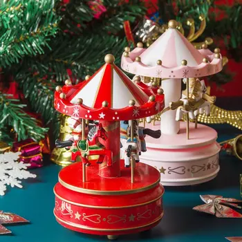 Коледна дървена въртележка музикална кутия, въртяща се декоративна завой кон форма Коледа