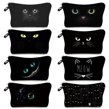 Комплект за тоалетни принадлежности Пътуване карикатура черна котка печат грим организатор чанти сладък молив чанта адаптивни дами козметична чанта еко многократна употреба