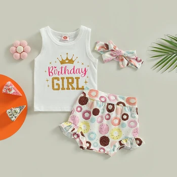 Лято новородено бебе момиче рожден ден дрехи костюми без ръкави корона печат потници + сладък шорти + лента за глава 3бр комплект