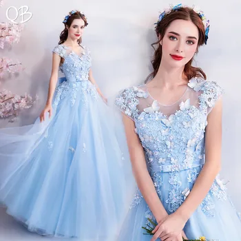 Небесно синьо A-line тюл апликации цветя елегантни официални вечерни рокли 2020 нова мода булката парти абитуриентска рокля XH168