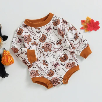 Новородено бебе момиче 1-ви Хелоуин облекло призрак тиква суитчър гащеризон дълъг ръкав бебе есенни дрехи