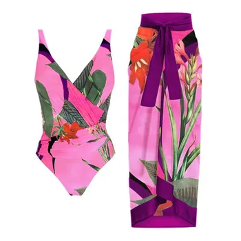 Реколта жени флора печат бикини комплекти бански & пола секси асиметрични едно парче бански женски покритие нагоре плаж бански костюми