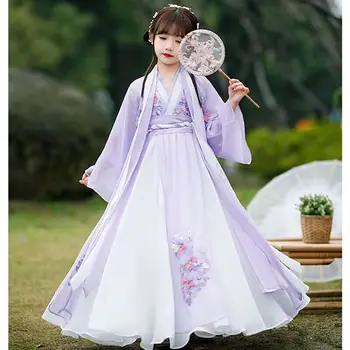 Ханфу рокля Бебе момичета Детски новогодишен костюм Китайски древен карнавален косплей костюм Лилава ханфу рокля Детски бебета 3T -16T