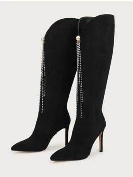 Черно дълги ботуши кристал ресни високи токчета мода перла жени буйки приплъзване на обувки заострени пръсти помпи луксозен дизайн голям размер 42