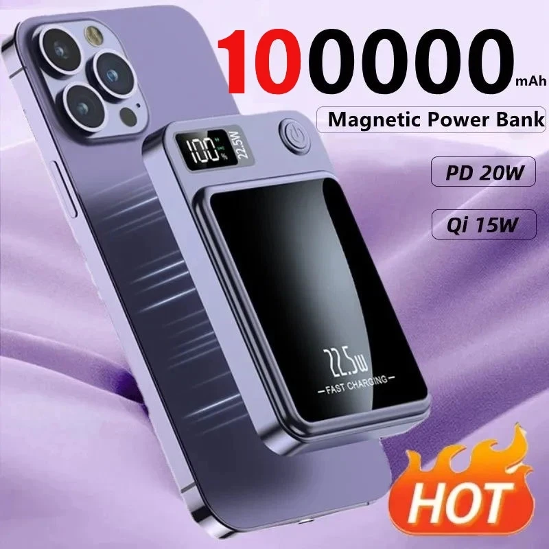 100000mAh Магнитно Qi безжично зарядно устройство Power Bank 22.5W супер бързо зареждане за iPhone 14 13 12 Samsung Huawei Xiaomi Powerbank