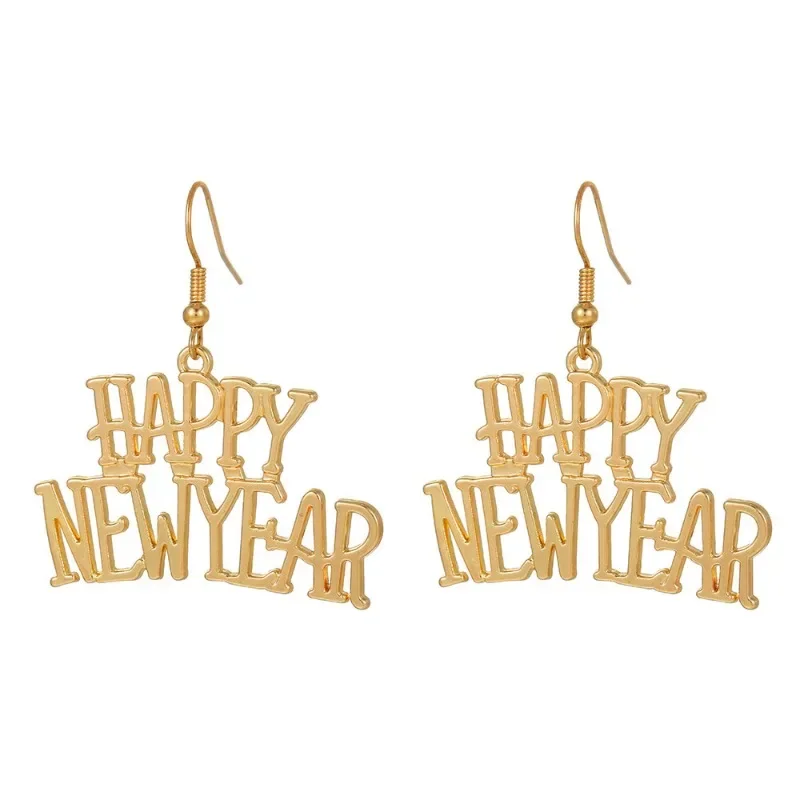 2024 Мода Честита Нова Година Английски писма Обеци за жени Деликатен златен цвят бижута Коледно парти аксесоари Подаръци