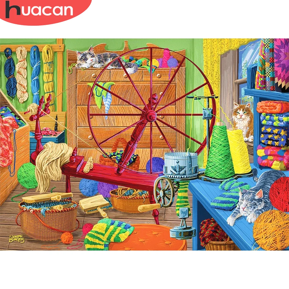 HUACAN Живопис по числа Възрастни Пейзаж текстилна машина Начало Декор Цветни пейзажи Котка рисунка върху платно 40x50cm рамкирани