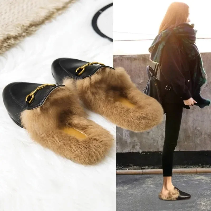 2024 Нови европейски и американски дами есен/зима мюлер обувки мързеливи обувки Baotou половин чехли Чехли