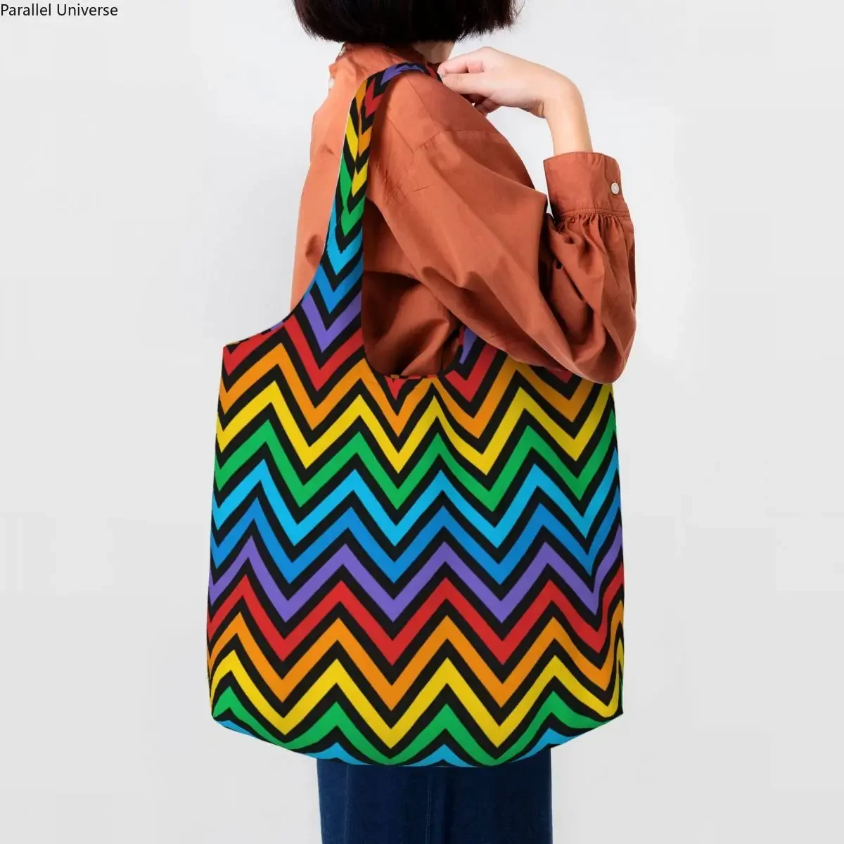 Chevrons Цветни зигзаг модел изкуство пазарска пазарска чанти за многократна употреба бохемски модерен геометрични хранителни платно рамо купувач чанта