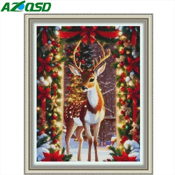 AZQSD бродерия комплект елен животински ръкоделие комплекти коледно дърво бяло платно кръстат бод зимни памучни конци дома декор
