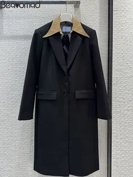 Baeromad мода подиума офис дама есен черен дълъг стил палто жените Ълстър яка фалшив джоб дълъг ръкав палто