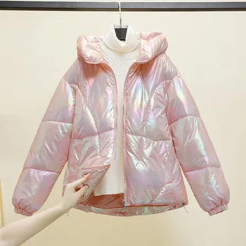 Loose корейски зимни якета палта ярко лице надолу памучно яке дълъг ръкав дебели парки розово синьо лилаво женско облекло