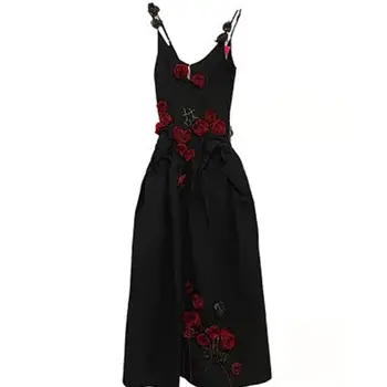 WDMSNA Триизмерна цвете спагети каишка рокля жени v-образно деколте без ръкави парти рокля Higth талията A-line хлабав черен Vestido