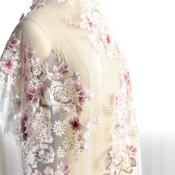 висок клас 3d цвете бродирани нокти топчета пробити дантела плат 130 см широка дреха, сватбена рокля DIY материал VK1585
