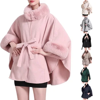 Дамско луксозно модно топло яке с шал, подходящо за пролет, есен и зима, бяло изкуствено палто, нос шал