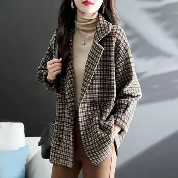 Кариран вълнен костюм Дамско палто Есен Зима 2022 Нова мода Корейски тънки вълнени блейзъри Дамско яке Ежедневни дамски блейзъри Tops E40