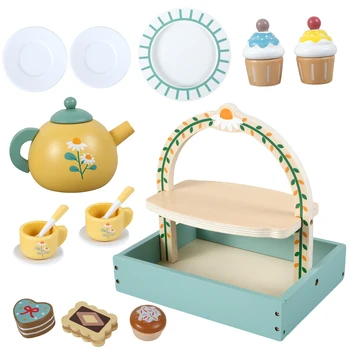 Нов 14Pcs дървен чай комплект за малки деца дървени следобеден чай преструвам играчка деца кухня playset дървени играчки малки деца симулация чай