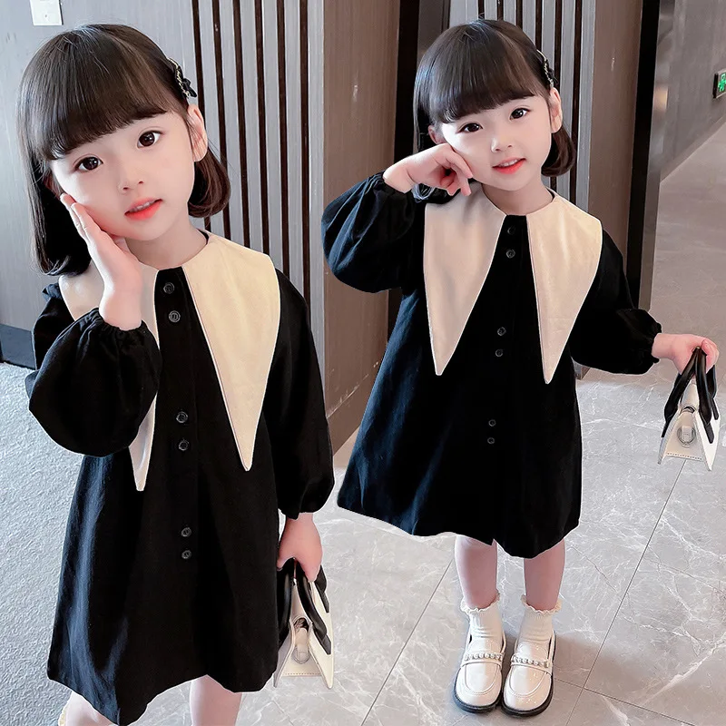 Рокля за момичета млади момичета с дълъг ръкав малка черна рокля риза яке пола принцеса рокля детска рокля 2-7Y детски шир